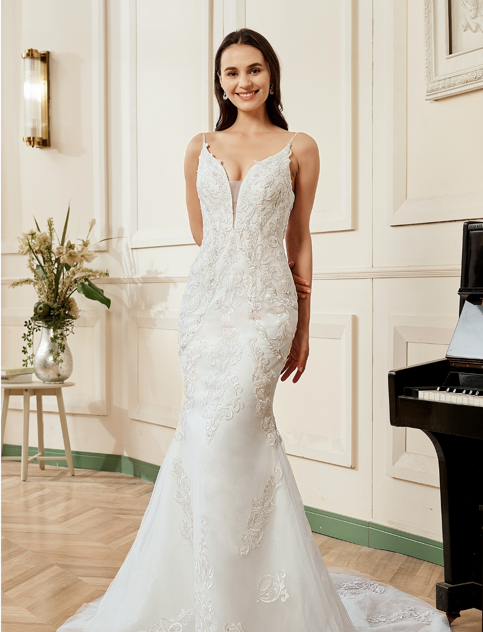 Plunging V-Neck Silver Embroidered Lace Court Train Wedding Dress