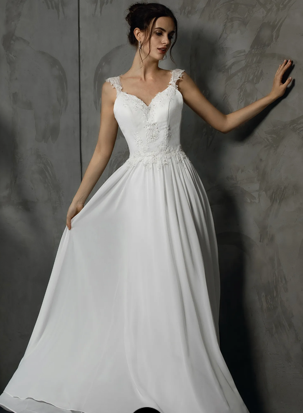 Stunning V Neckline Chiffon Wedding Dress With Beaded Appliques