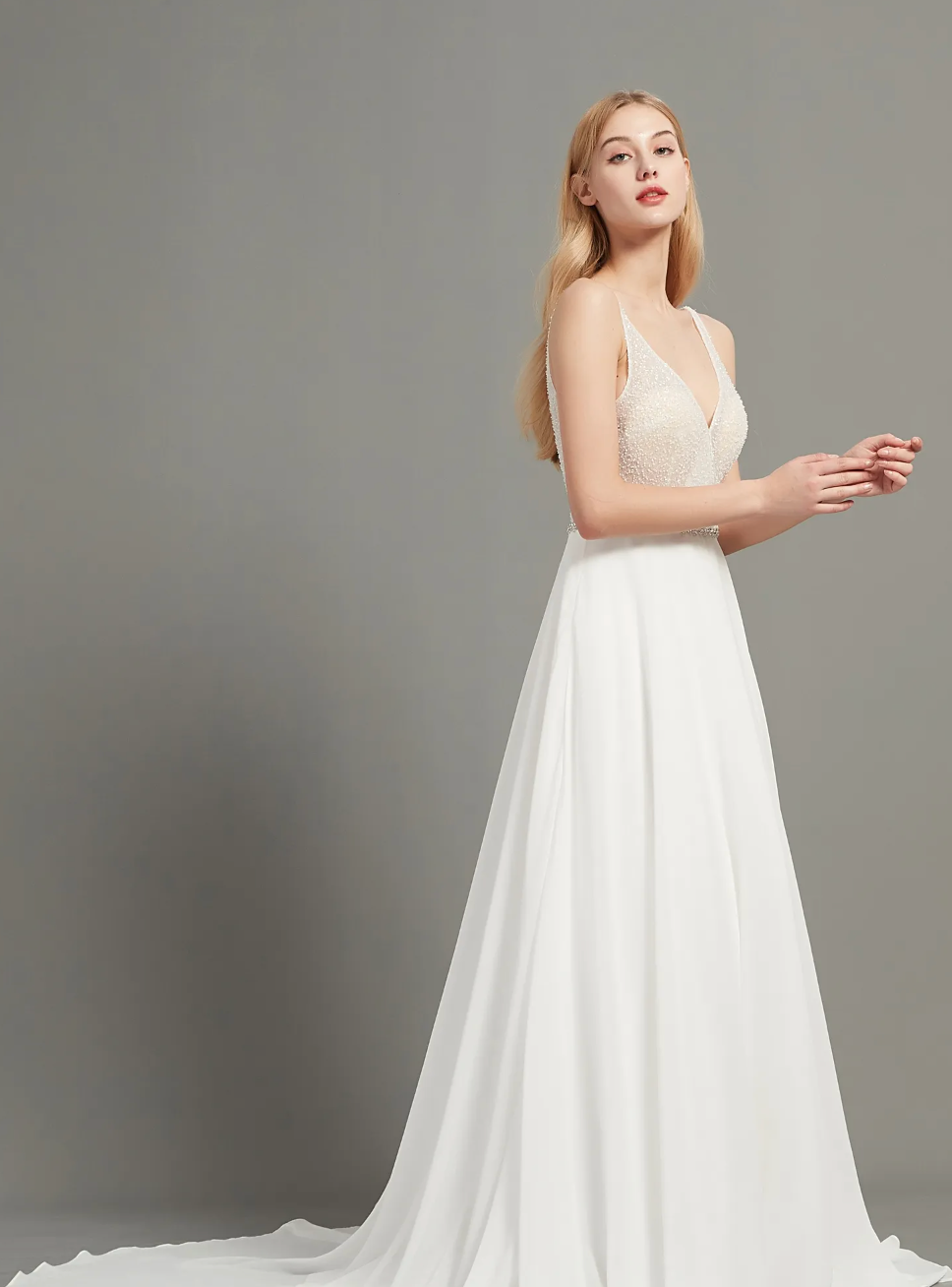 Crystal and Beading V Neck Aline Chiffon Wedding Dress