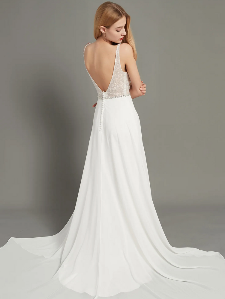 Crystal and Beading V Neck Aline Chiffon Wedding Dress