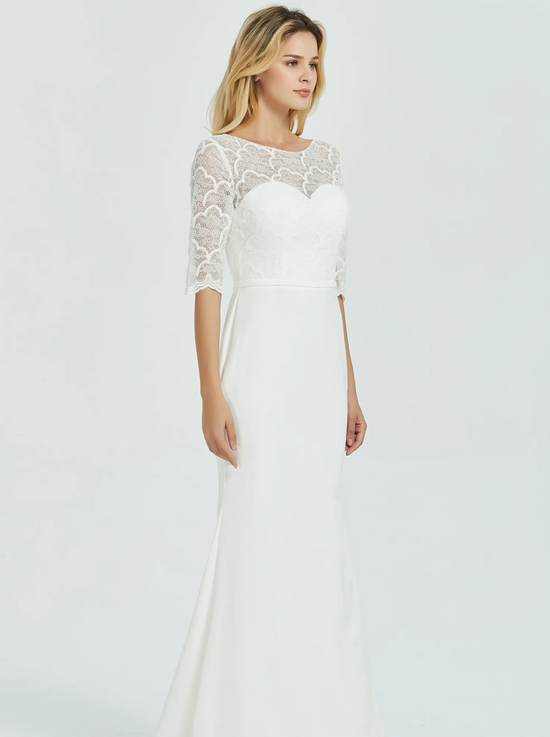 Crepe Long Sleeve Modest Lace Sheath Wedding Dress