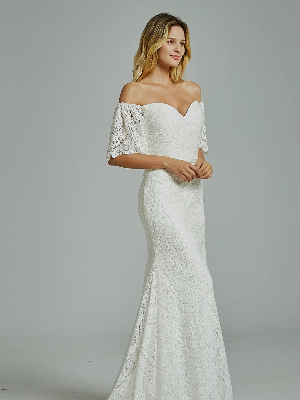 Floral Lace Off-The-Shoulder Sheath Wedding Dress