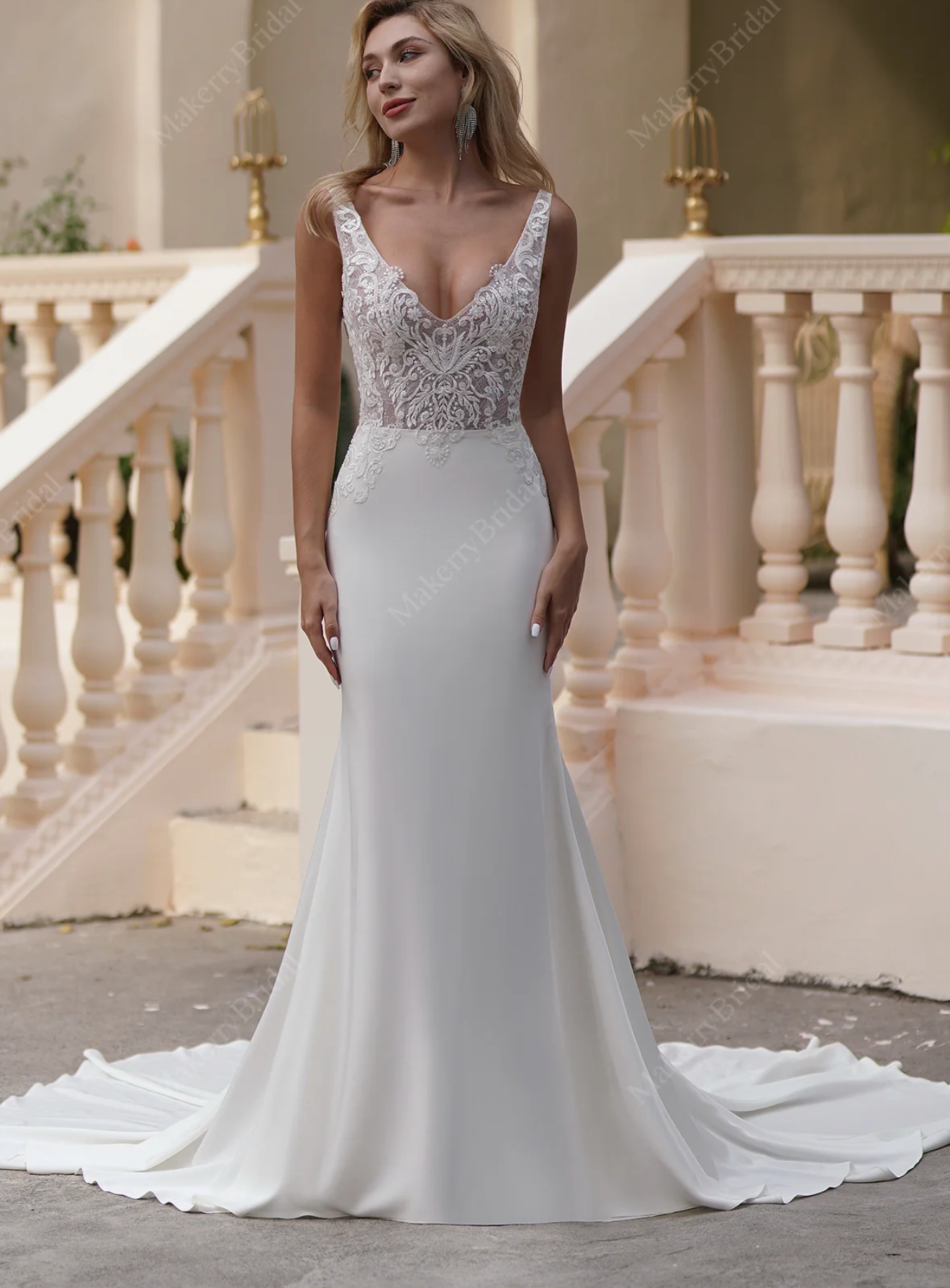 Elegant Beaded Lace Satin Mermaid Wedding Dress