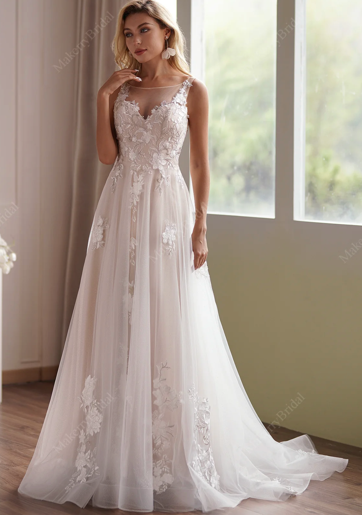 Floral Lace Chiffon Sweetheart A-Line Bridal Gown with Illusion Short  Sleeves