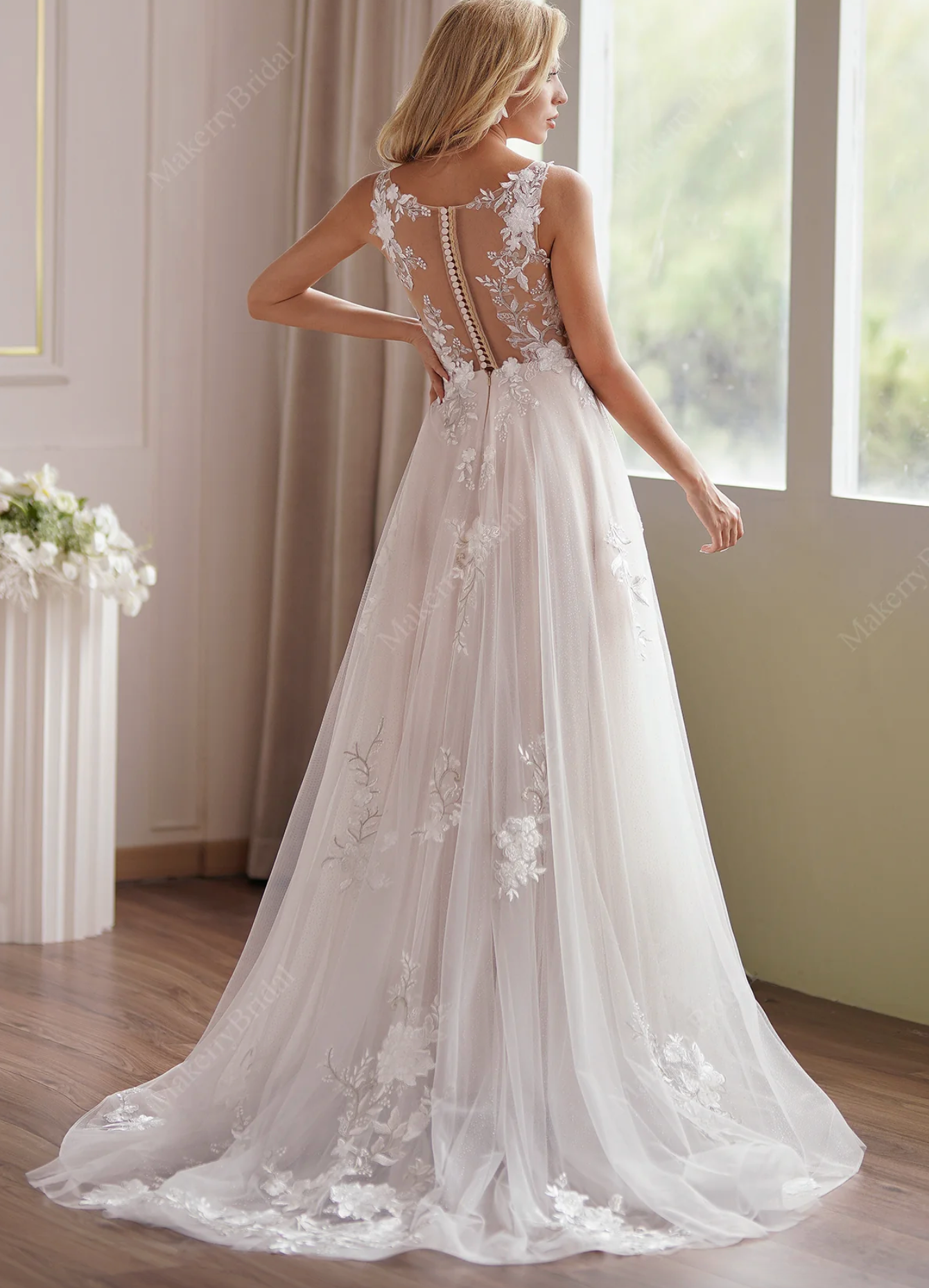 Romantic Beaded Lace Illusion Back Bridal Gown