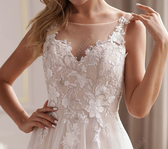 Load image into Gallery viewer, Romantic Beaded Lace Illusion Back Bridal Gown
