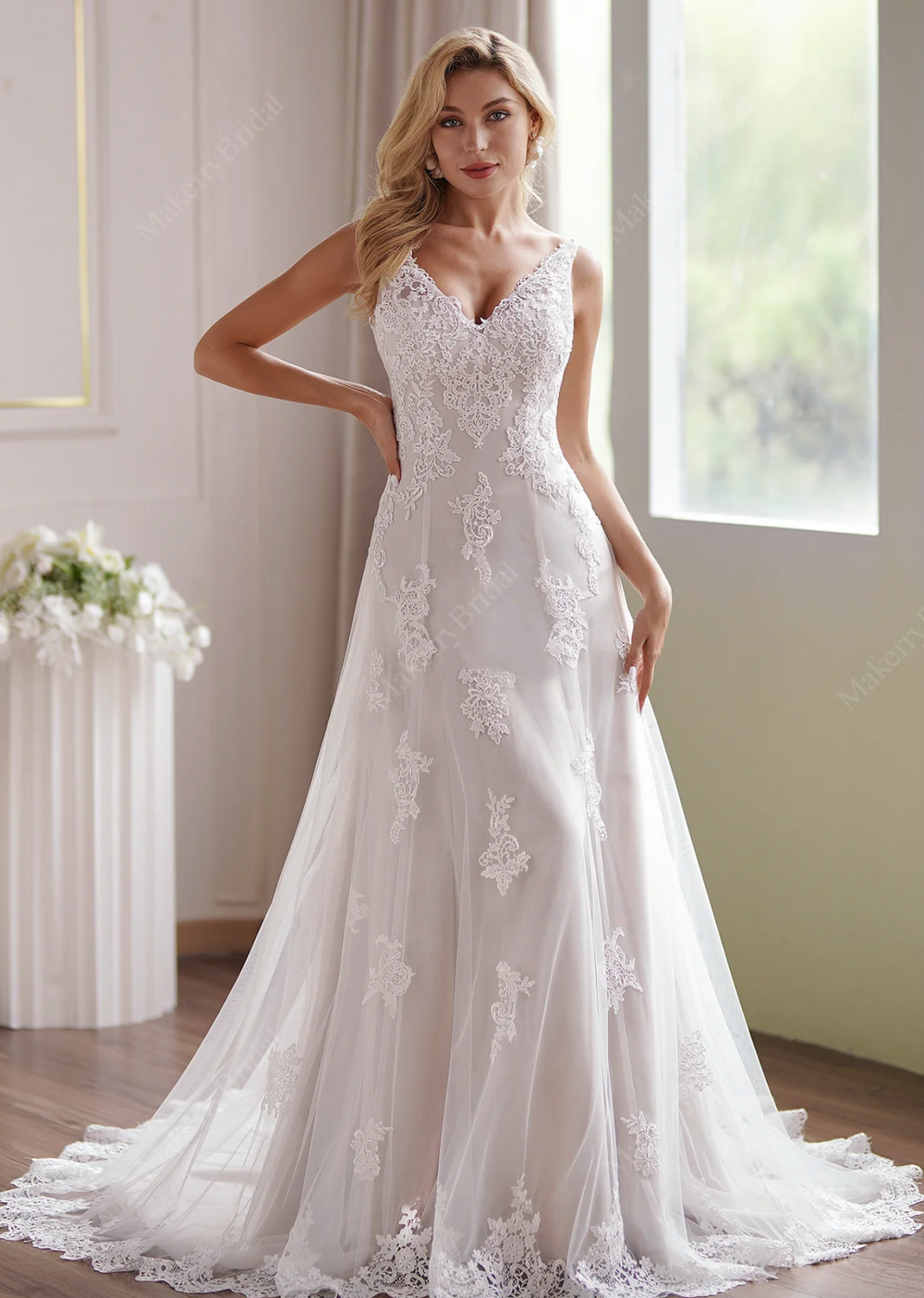 Romantic Strap V-Neck Fit & Flare Wedding Dress