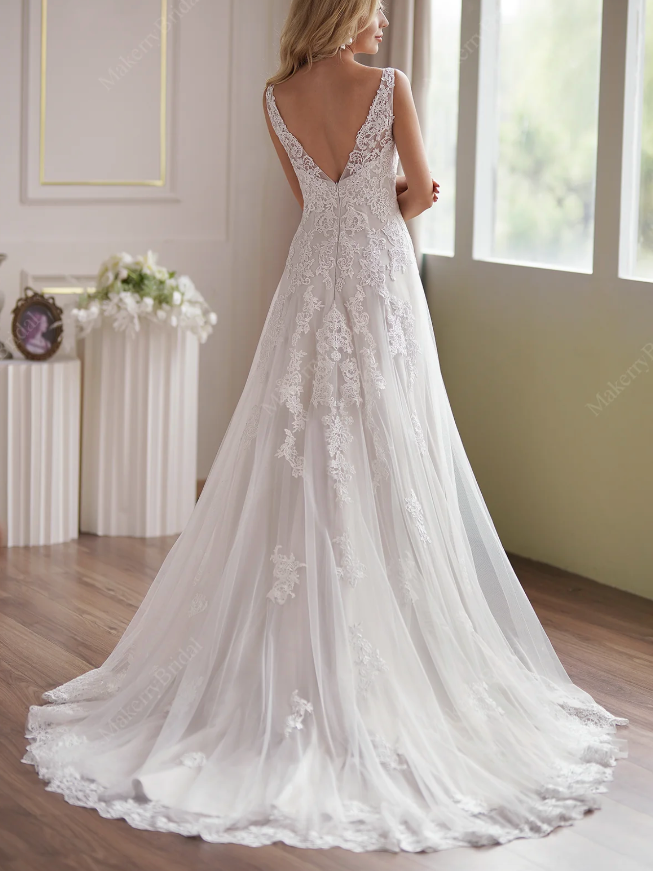 Formal Dress: 7030. Long Bridal Gown, V-neck, Fit N Flare
