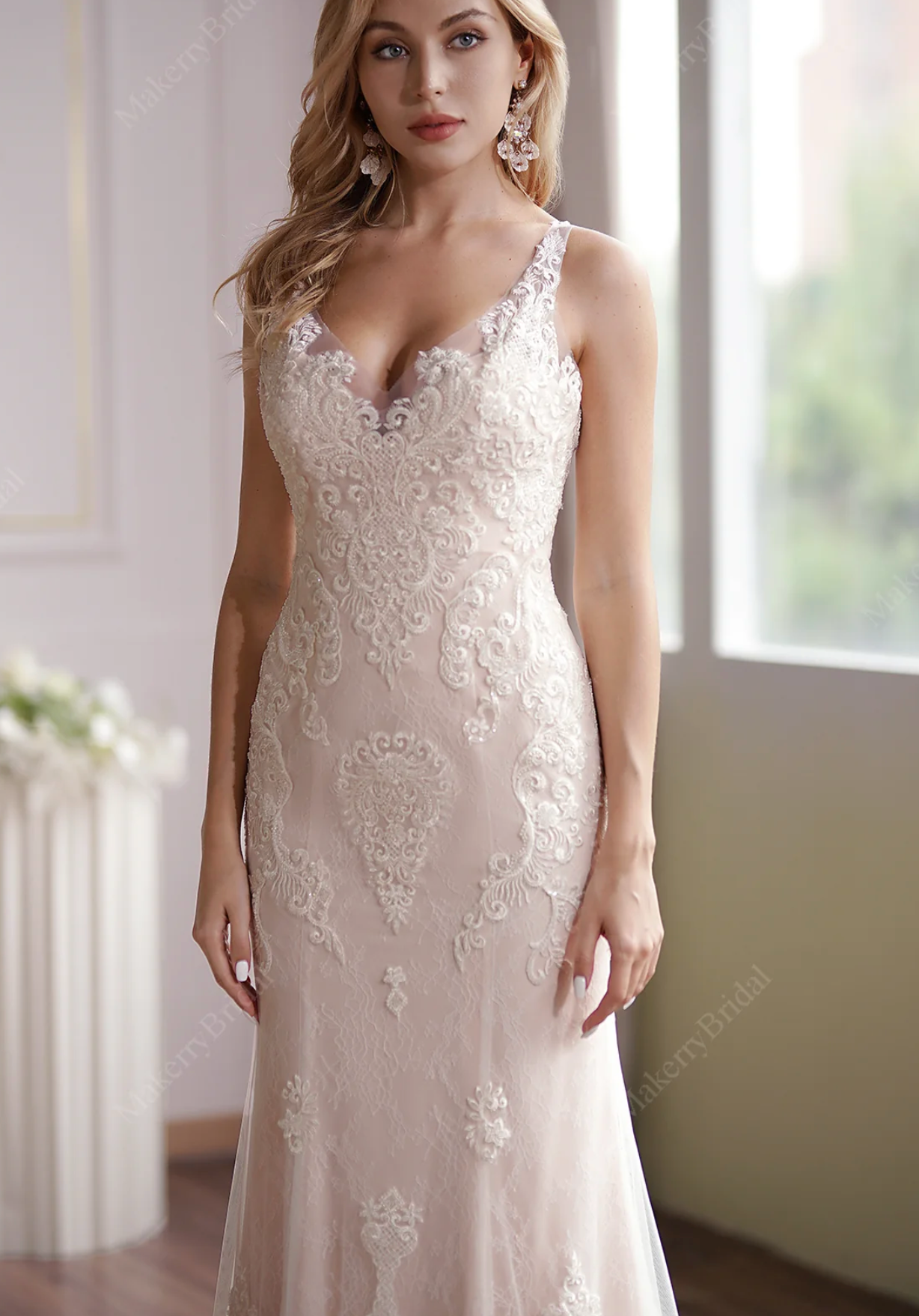 Luxurious Blush V-Neck Beaded Mermaid Bridal Gown