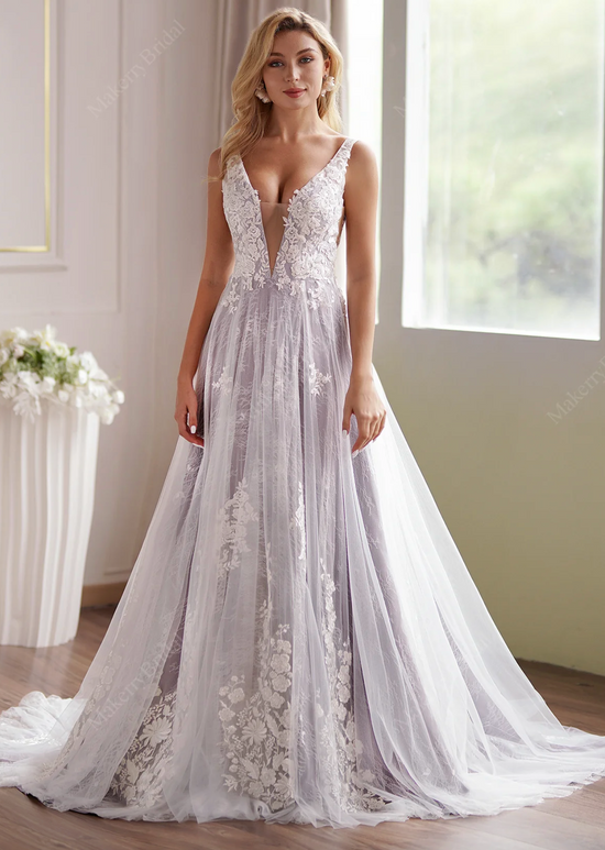 Lavender Plunging-V Beaded Lace Wedding Dress – TulleLux Bridal