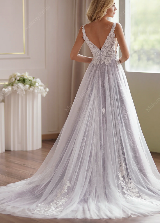 Lavender Plunging-V Beaded Lace Wedding Dress