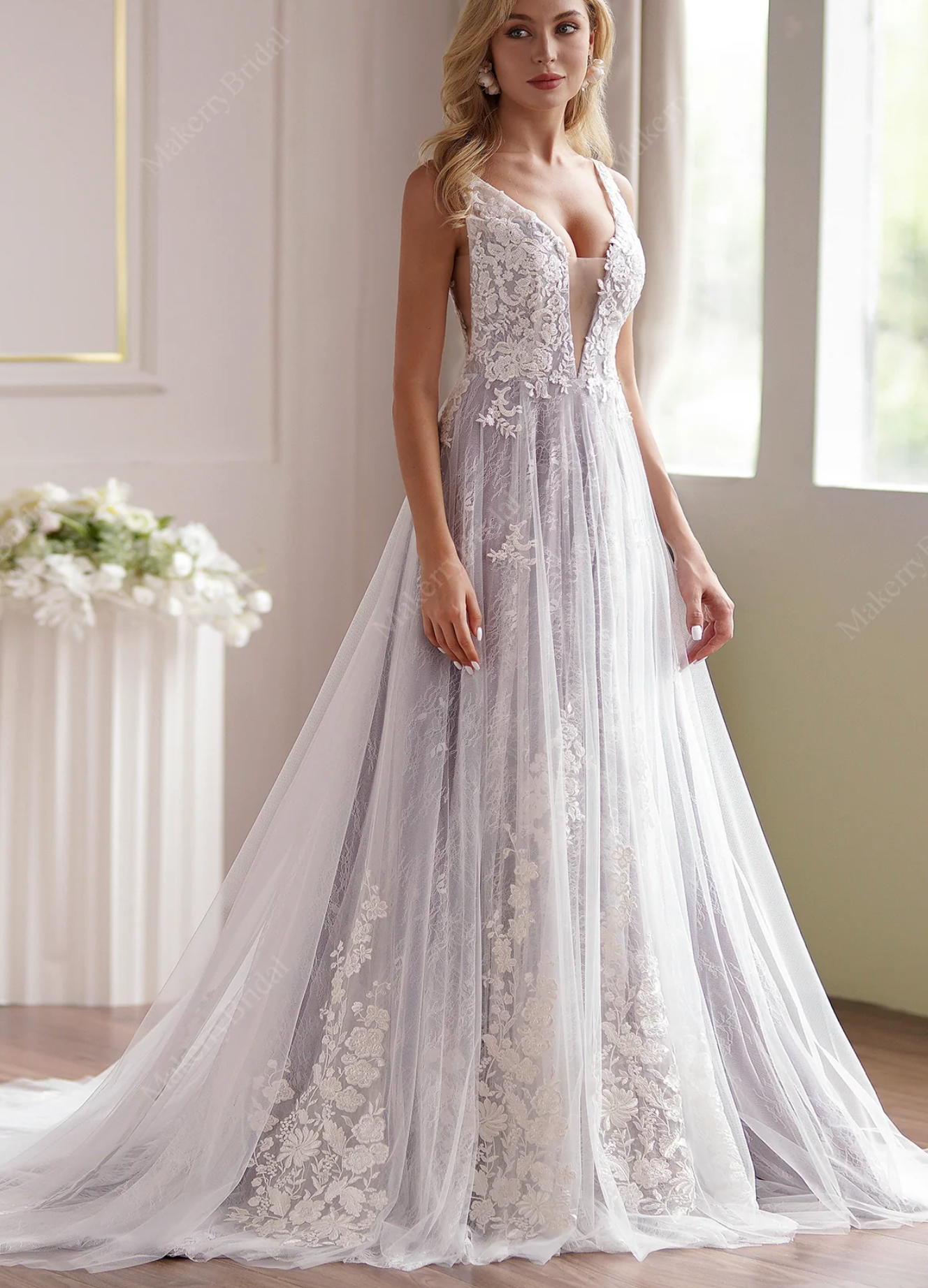 Lavender Plunging V Beaded Lace Wedding Dress