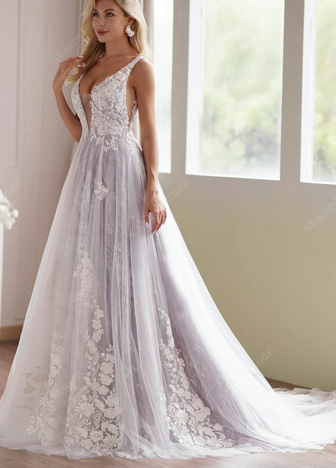 Lavender Plunging-V Beaded Lace Wedding Dress
