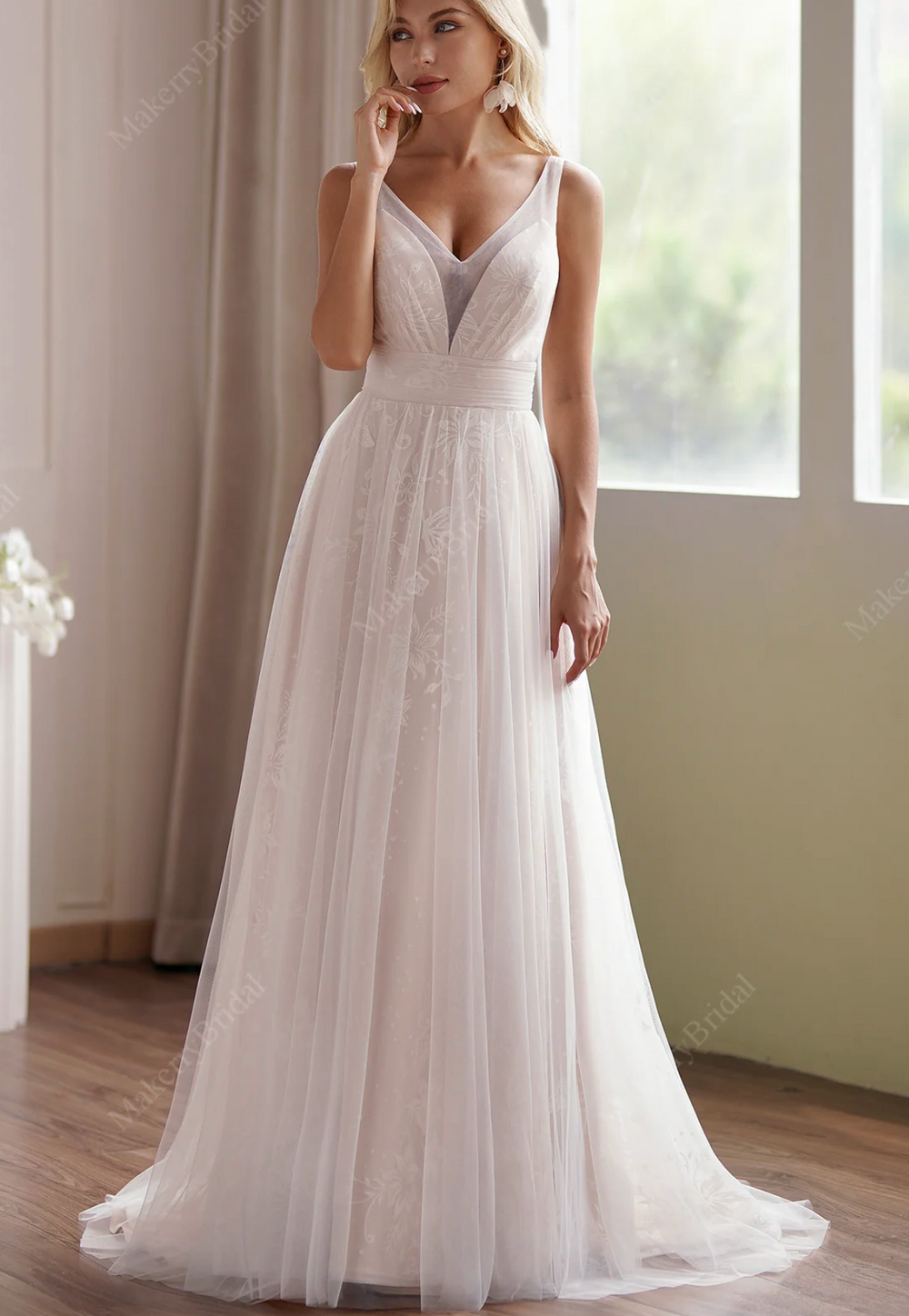 A-Line Princess V-Neck Sweep Train Tulle Wedding Dress