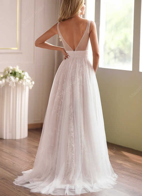 Load image into Gallery viewer, A-Line Princess V-Neck Sweep Train Tulle Wedding Dress
