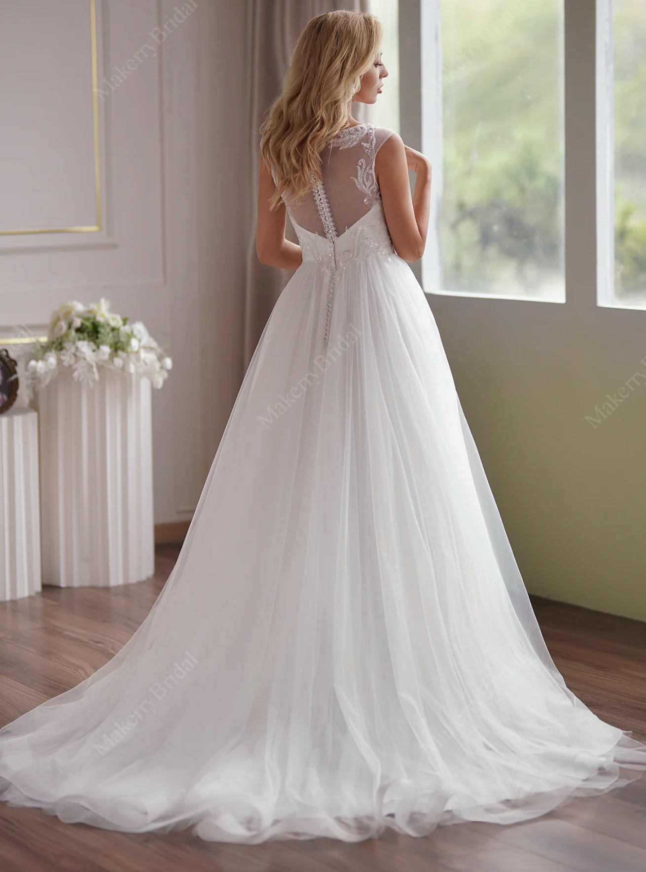 Illusion Cap Sleeve Beaded Lace Tulle Wedding Dress