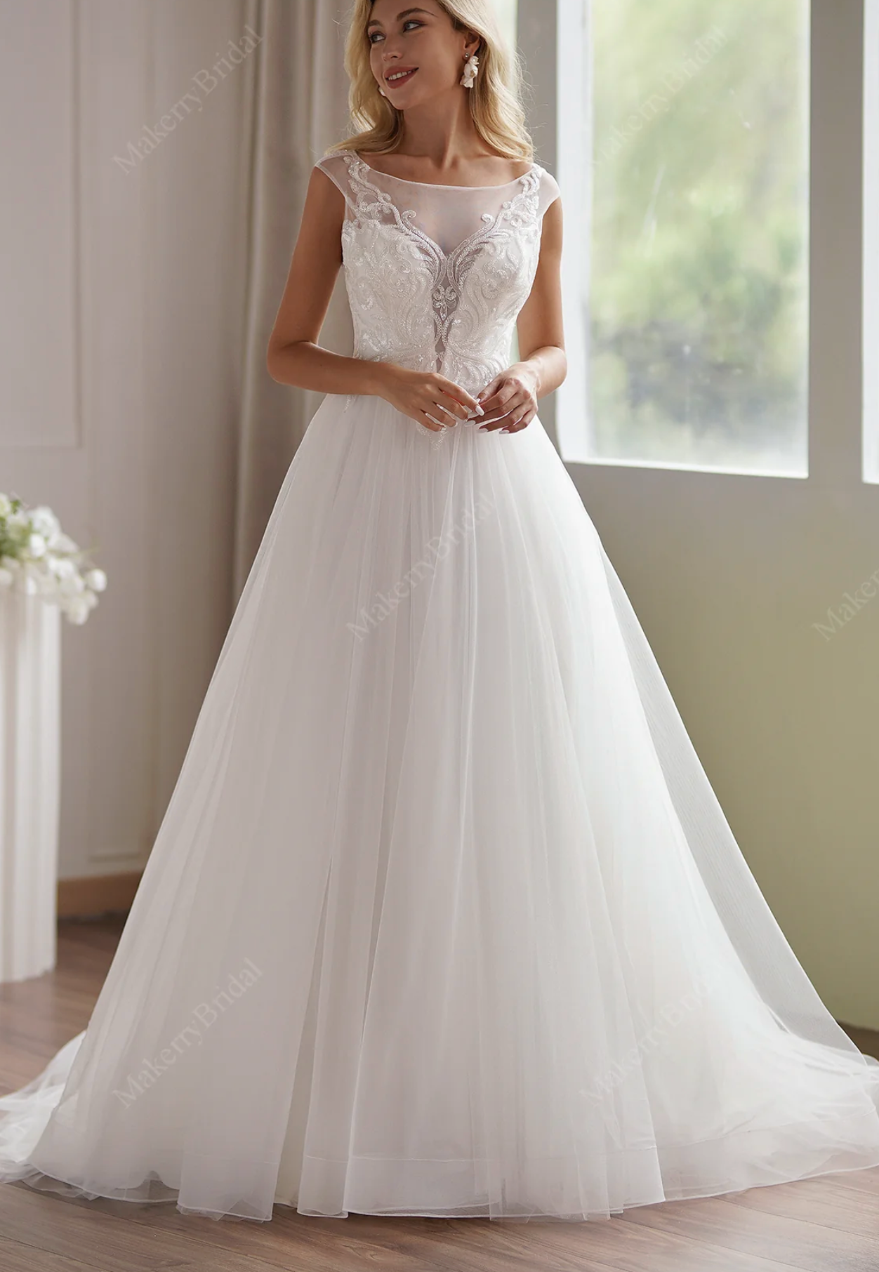 Beaded cap sleeve wedding dress best sale