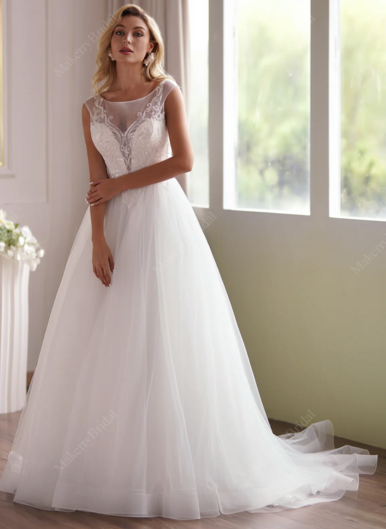 Load image into Gallery viewer, Illusion Cap Sleeve Beaded Lace Tulle Wedding Dress
