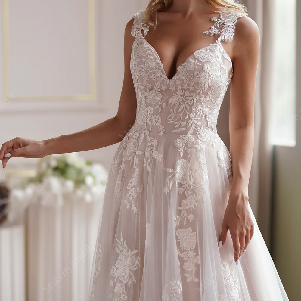 
                      
                        Delicate Shimmering Lace Wedding Gown With Sweetheart Bodice
                      
                    