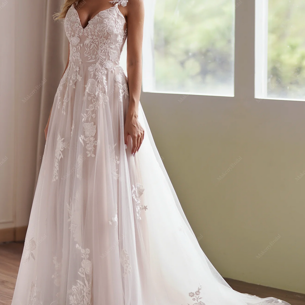 
                      
                        Delicate Shimmering Lace Wedding Gown With Sweetheart Bodice
                      
                    