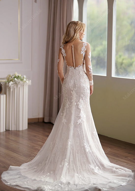 Load image into Gallery viewer, Long Sleeve Lace Appliques Bridal Dress With Illusion Back
