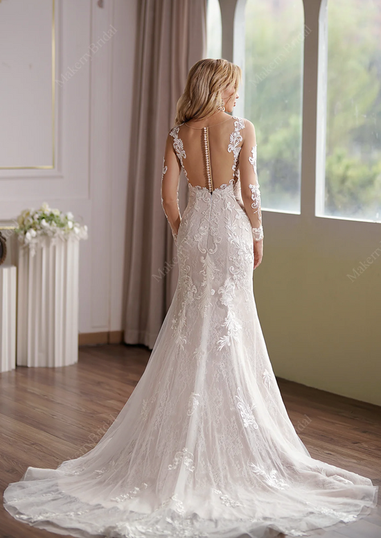 Long Sleeve Lace Appliques Bridal Dress With Illusion Back