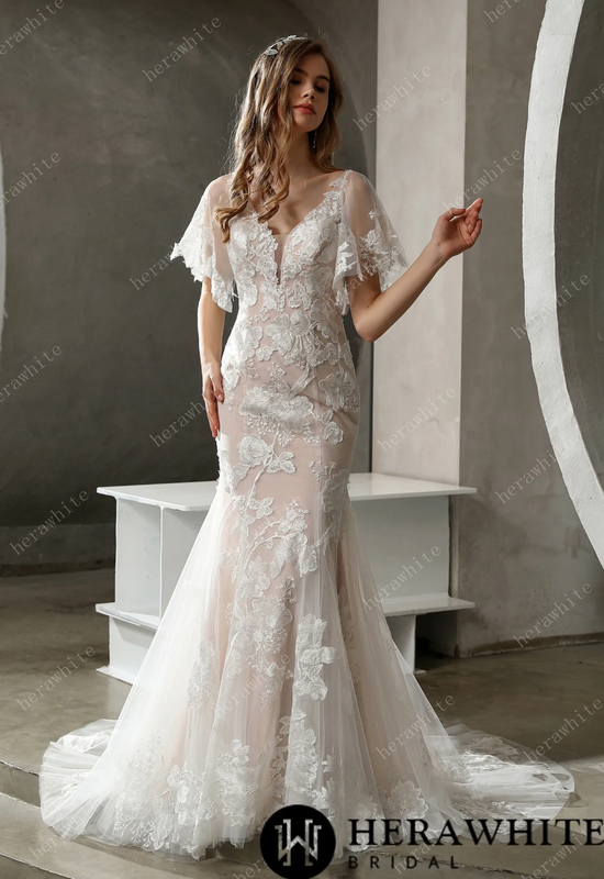 Floral Lace Plunging V-Neck Bridal Gown with Flutter Sleeves