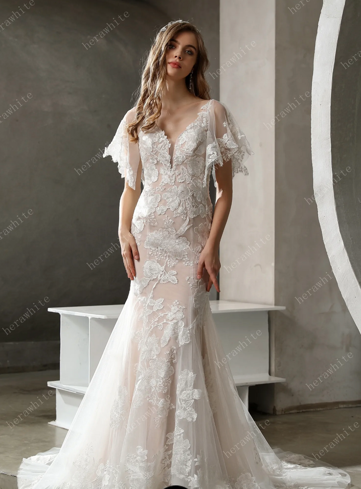 
                      
                        Floral Lace Plunging V-Neck Bridal Gown with Flutter Sleeves
                      
                    