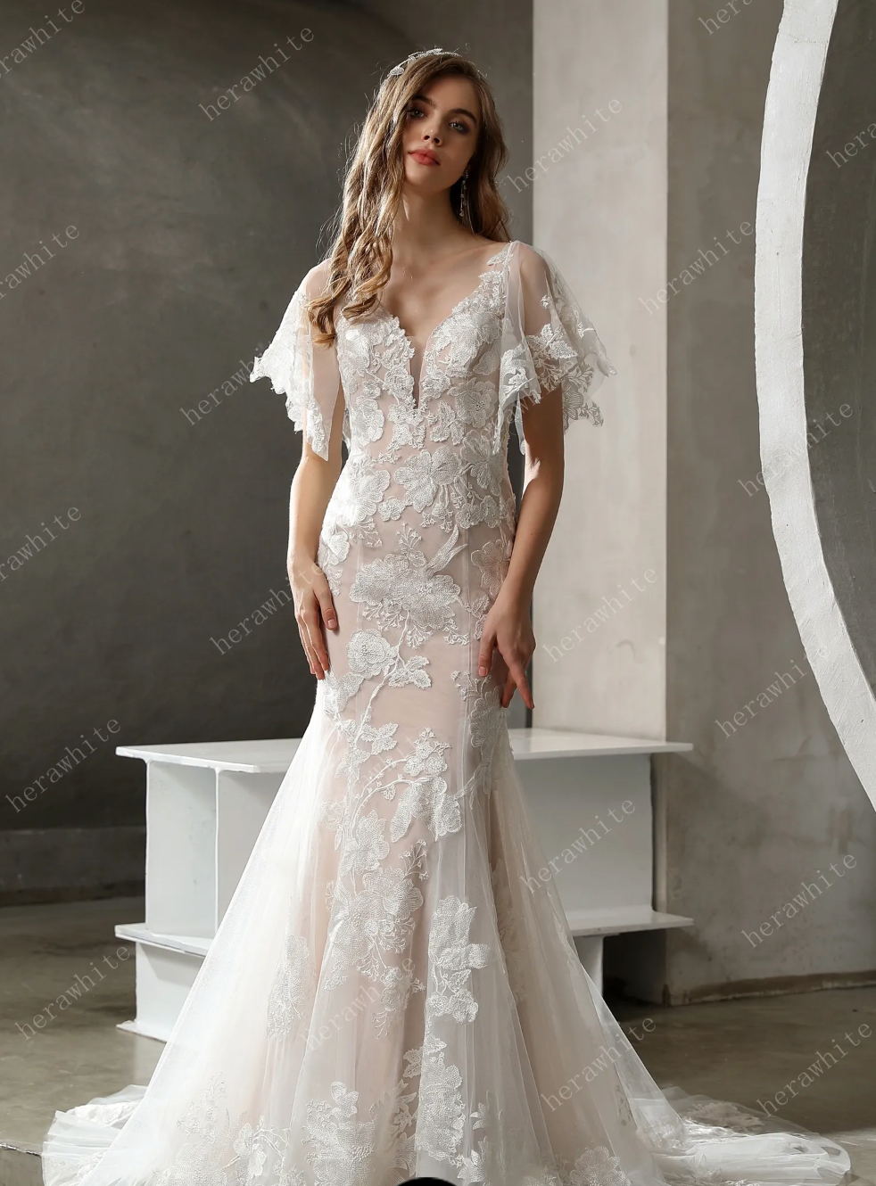 Floral Lace Plunging V Neck Bridal Gown with Flutter Sleeves TulleLux Bridal Crowns Accessories