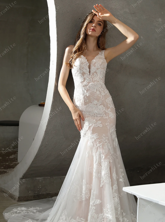 Floral Lace Plunging V-Neck Bridal Gown with Flutter Sleeves