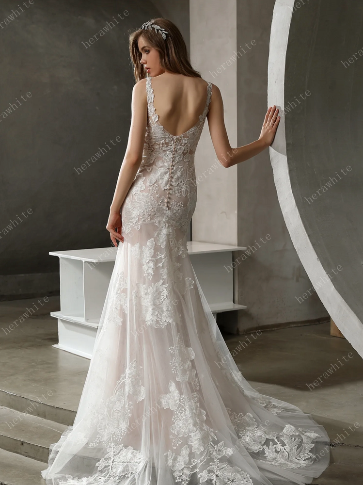
                      
                        Floral Lace Plunging V-Neck Bridal Gown with Flutter Sleeves
                      
                    