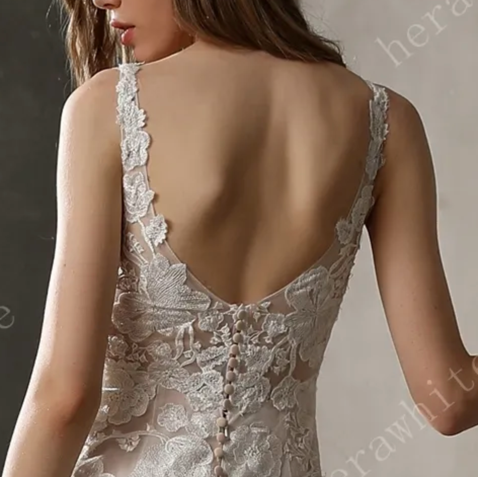 
                      
                        Floral Lace Plunging V-Neck Bridal Gown with Flutter Sleeves
                      
                    