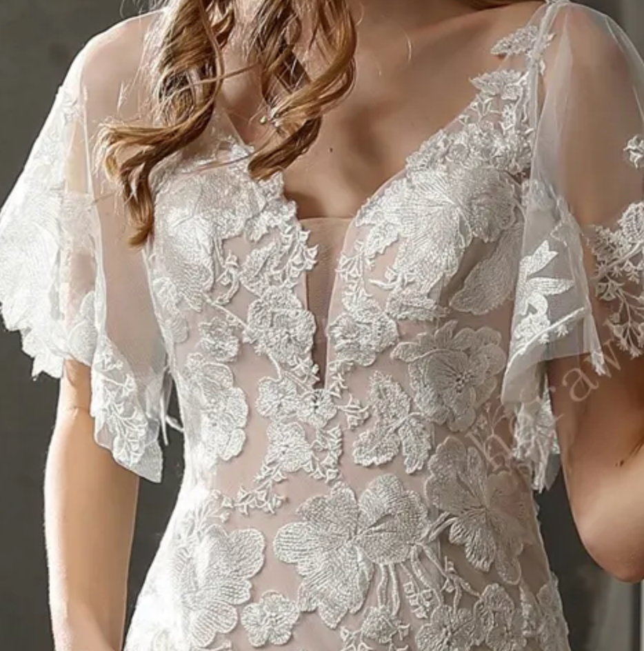 
                      
                        Floral Lace Plunging V-Neck Bridal Gown with Flutter Sleeves
                      
                    