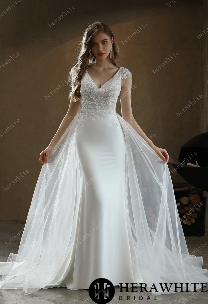
                      
                        Crepe Sheath Wedding Dress with Lace Cap Sleeves
                      
                    