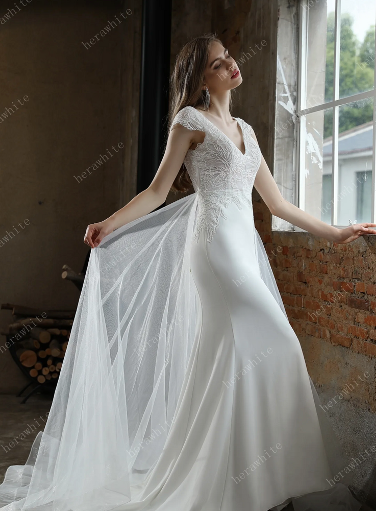 
                      
                        Crepe Sheath Wedding Dress with Lace Cap Sleeves
                      
                    