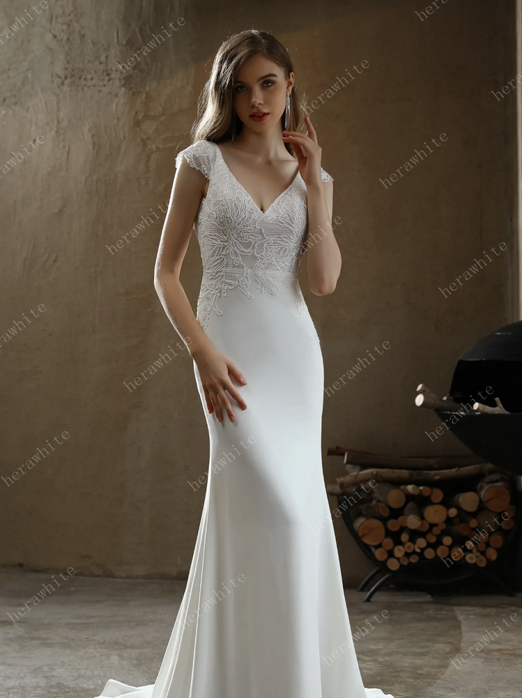 
                      
                        Crepe Sheath Wedding Dress with Lace Cap Sleeves
                      
                    