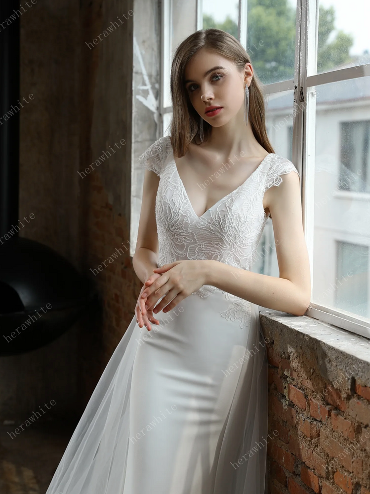 
                      
                        Crepe Sheath Wedding Dress with Lace Cap Sleeves
                      
                    