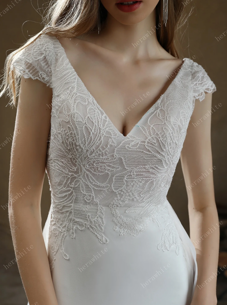 
                      
                        Crepe Sheath Wedding Dress with Lace Cap Sleeves
                      
                    