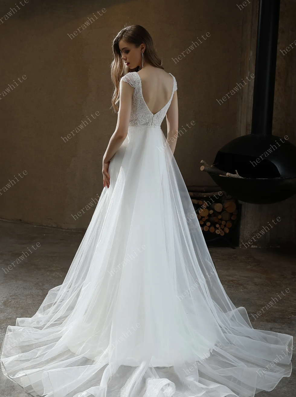 Crepe Sheath Wedding Dress with Lace Cap Sleeves