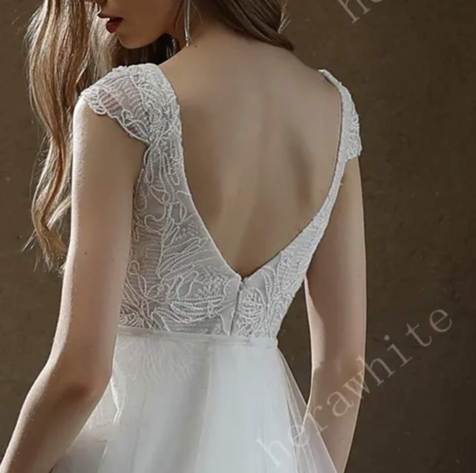 
                      
                        Crepe Sheath Wedding Dress with Lace Cap Sleeves
                      
                    