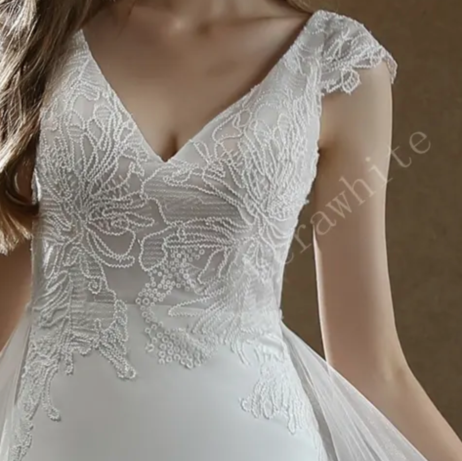 
                      
                        Crepe Sheath Wedding Dress with Lace Cap Sleeves
                      
                    