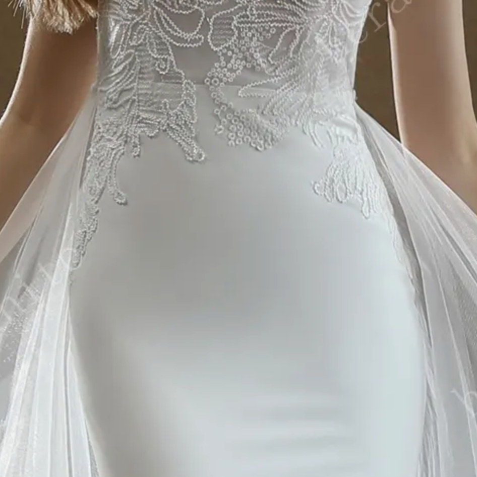 
                      
                        Crepe Sheath Wedding Dress with Lace Cap Sleeves
                      
                    