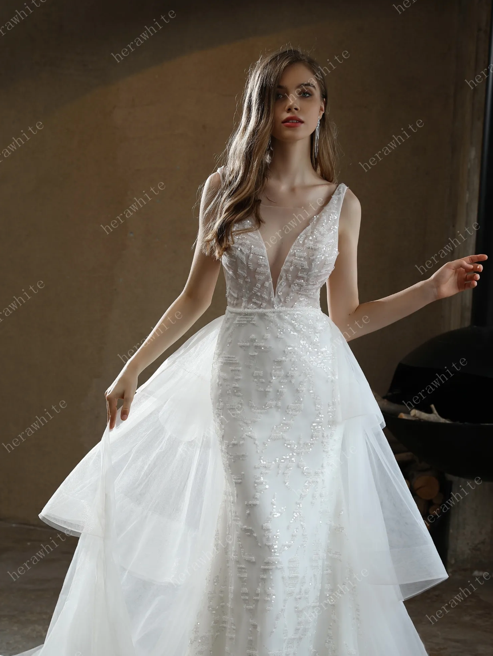Allover Beaded Sheath Wedding Dress with a Ruffled Skirt