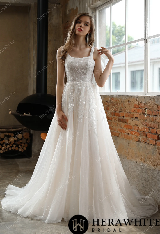 Square Neckline Wedding Dress with Delicate Leafy Lace