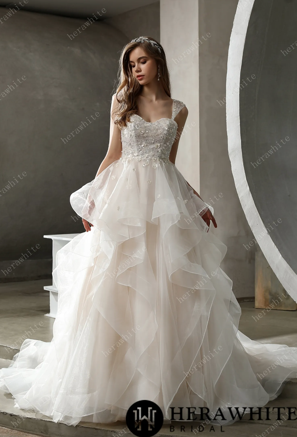 Beaded Tulle Ruffled Ball Gown with Dreamy Details