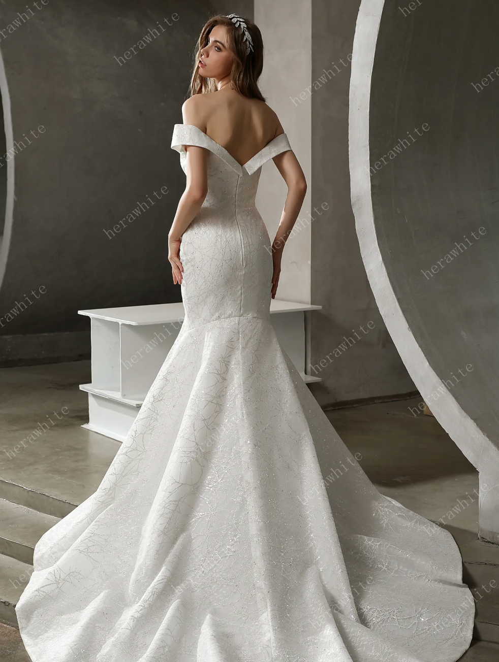 Off The Shoulder Mermaid Bridal Gown with Long Train