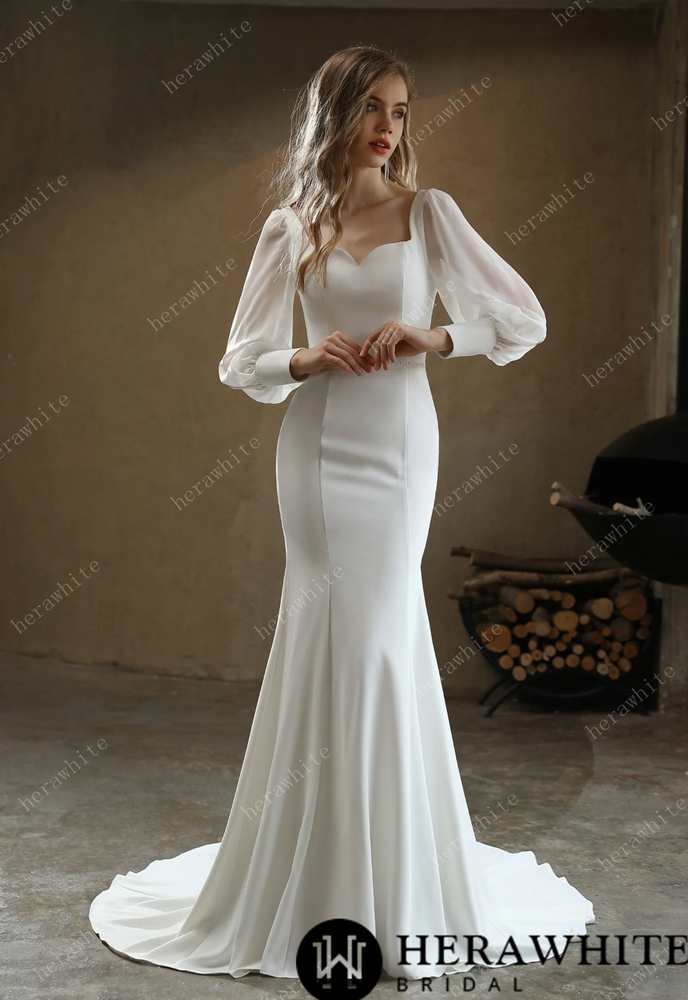 
                      
                        Classic Fit and Flare Wedding Gown with Puff Chiffon Sleeves
                      
                    