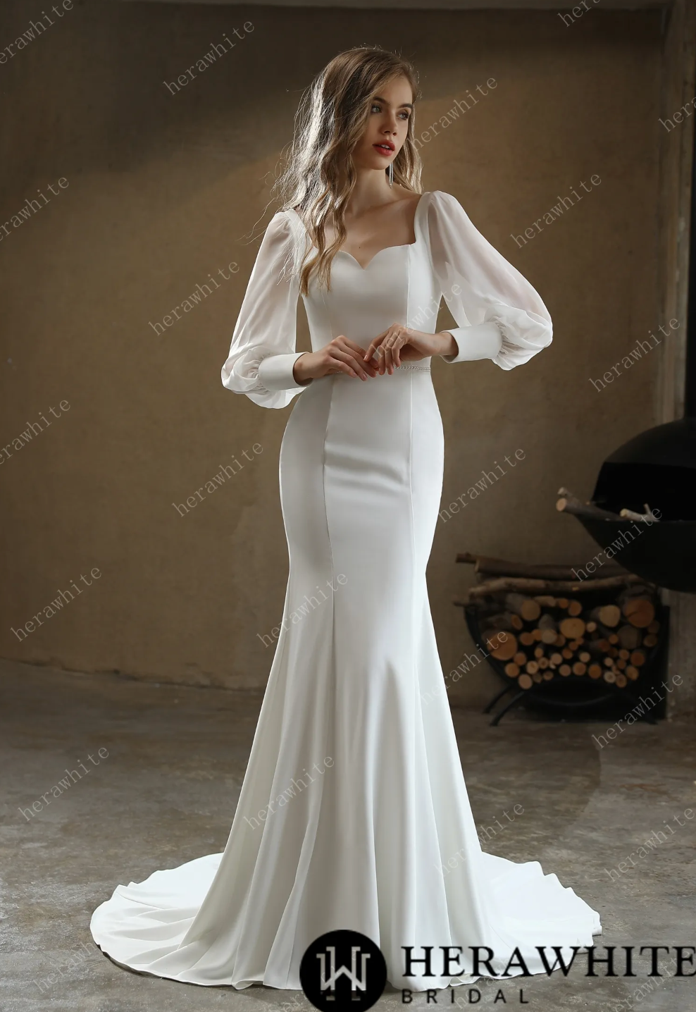 Classic Fit and Flare Wedding Gown with Puff Chiffon Sleeves