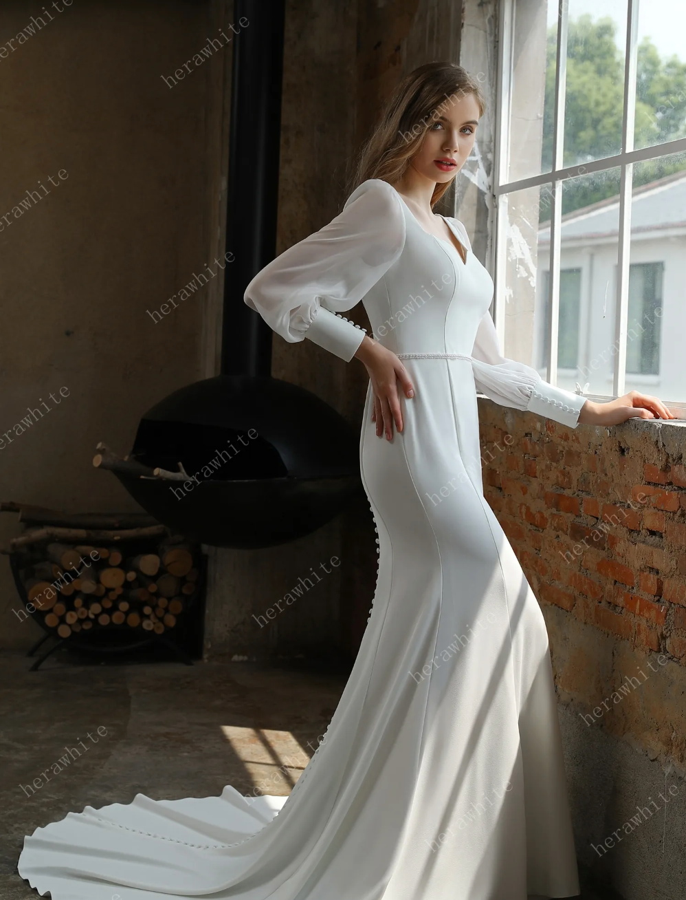 Load image into Gallery viewer, Classic Fit and Flare Wedding Gown with Puff Chiffon Sleeves
