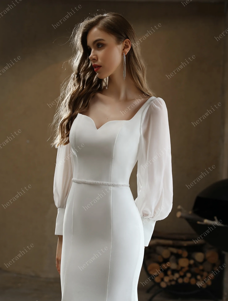 
                      
                        Classic Fit and Flare Wedding Gown with Puff Chiffon Sleeves
                      
                    